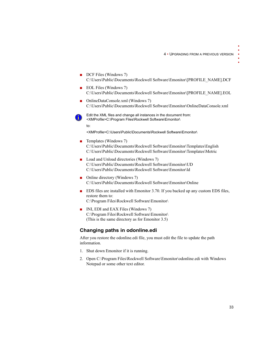 Changing paths in odonline.edi | Rockwell Automation Emonitor with an Oracle Multi-User Database User Manual | Page 37 / 42