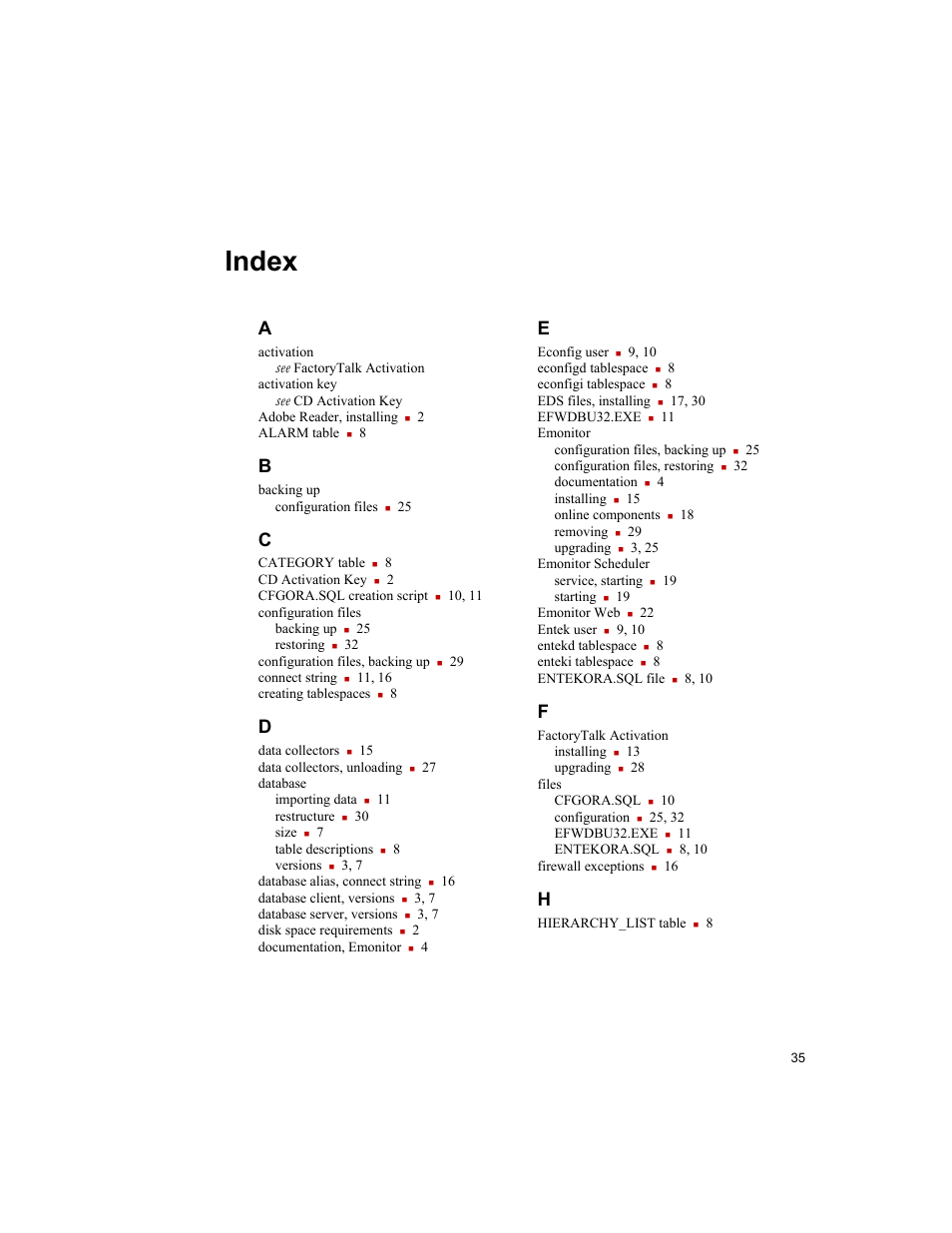 Index | Rockwell Automation Emonitor with an Oracle Multi-User Database User Manual | Page 39 / 42