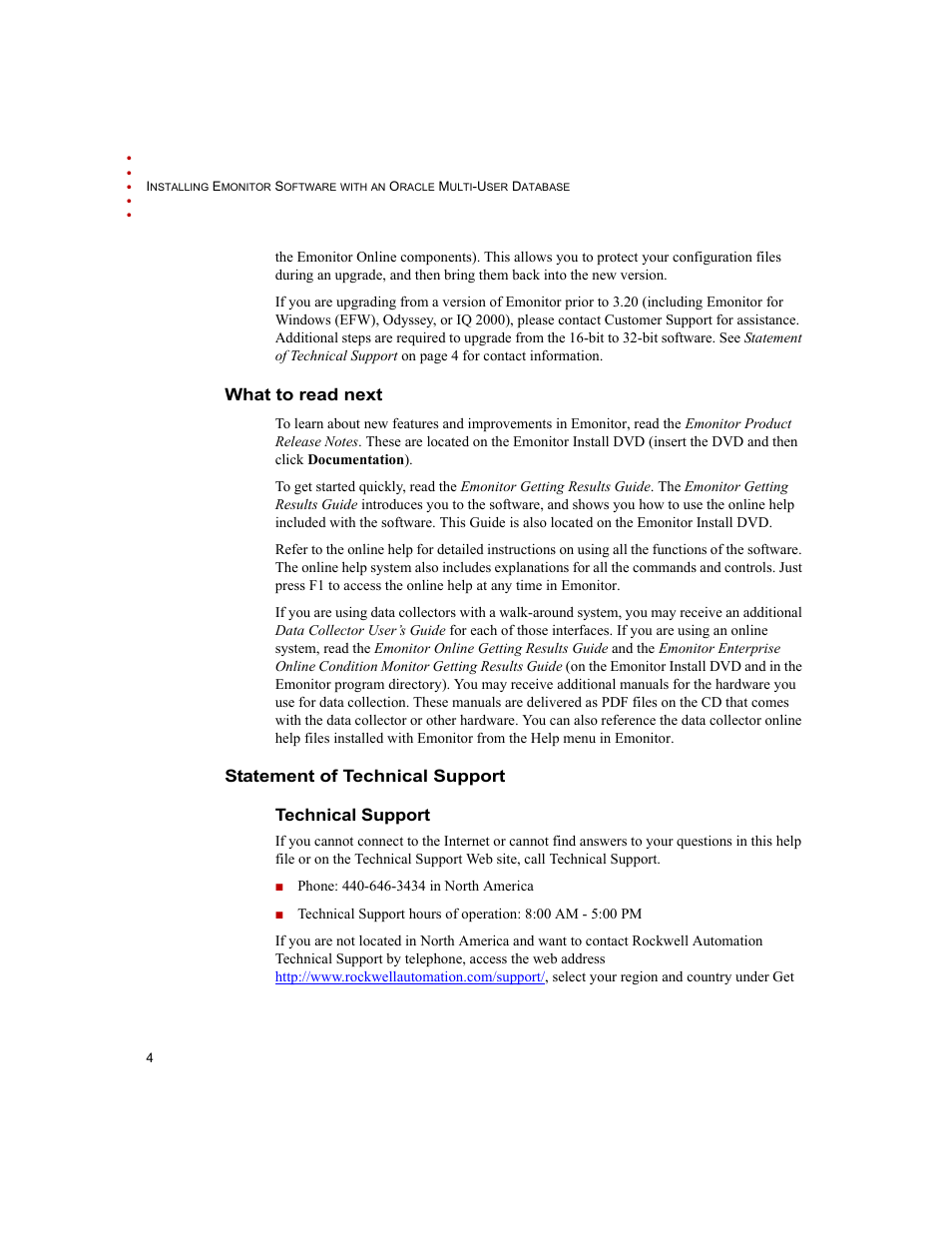 What to read next, Statement of technical support, Technical support | What to read next statement of technical support, Statement of technical support technical support | Rockwell Automation Emonitor with an Oracle Multi-User Database User Manual | Page 8 / 42