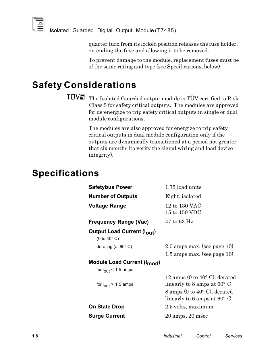 Safety considerations, Specifications | Rockwell Automation T7485 ICS Regent+Plus Isolated Guarded Output Modules User Manual | Page 18 / 20