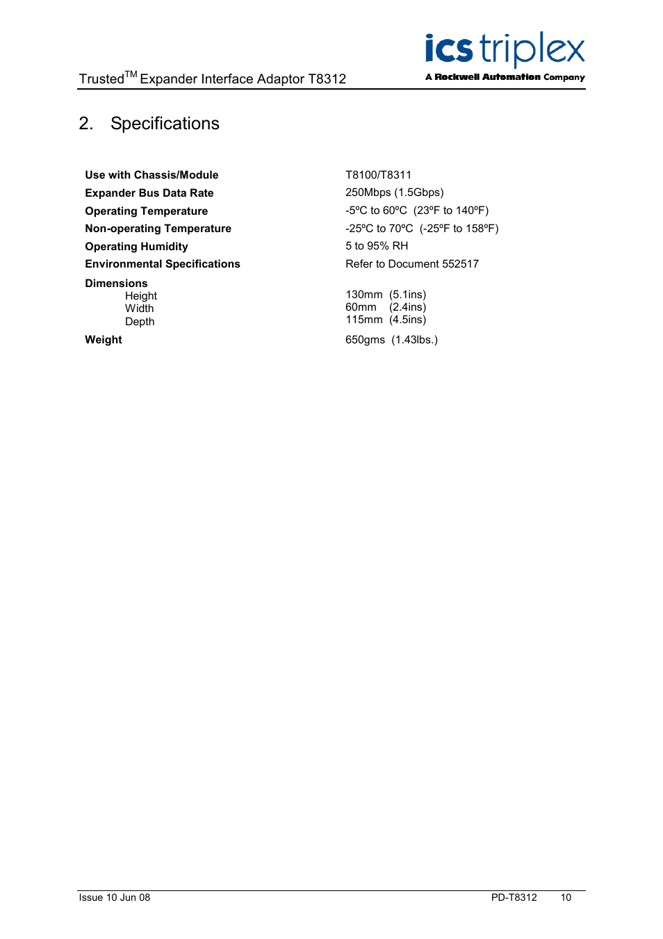 Specifications, Trusted, Expander interface adaptor t8312 | Rockwell Automation T8312 Trusted Expander Interface Adaptor Unit User Manual | Page 10 / 12