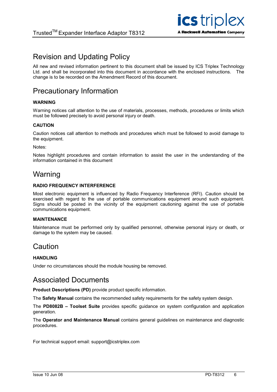 Description, Revision and updating policy, Precautionary information | Warning, Caution, Associated documents | Rockwell Automation T8312 Trusted Expander Interface Adaptor Unit User Manual | Page 6 / 12