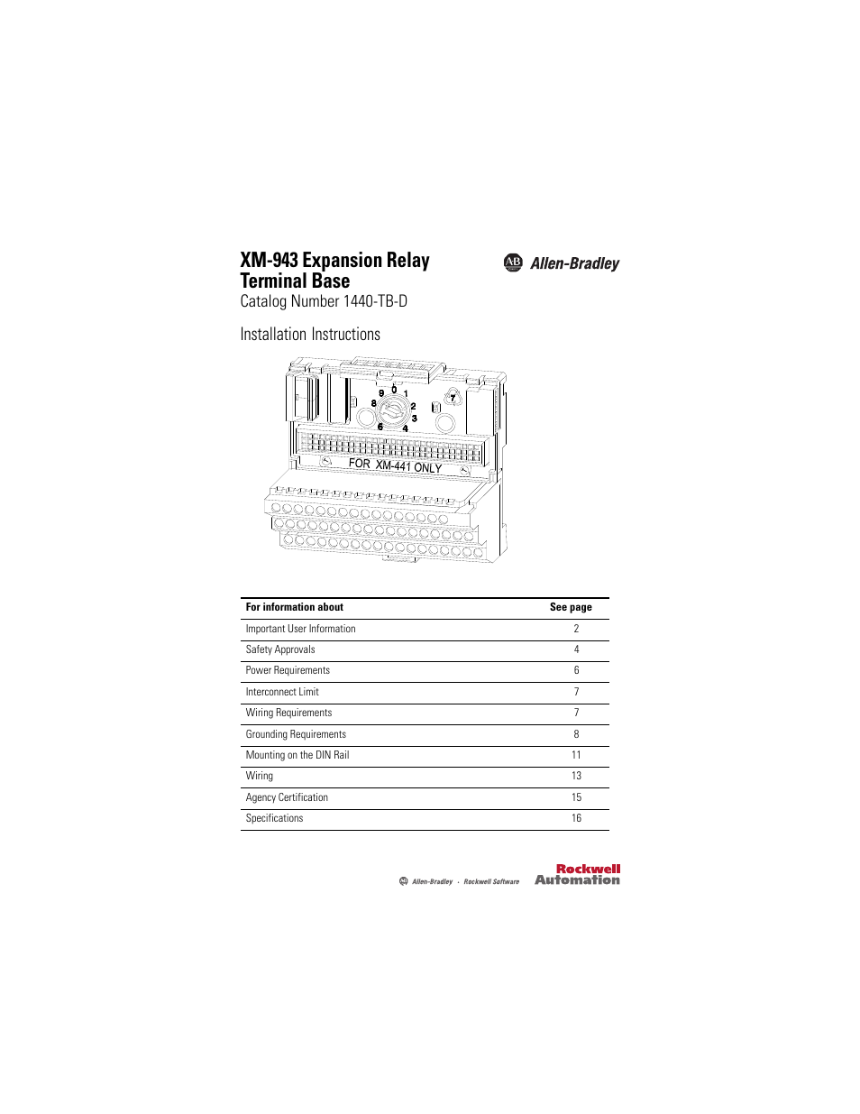 Rockwell Automation 1440-TB-D XM-943 Expansion Relay Terminal Base User Manual | 18 pages