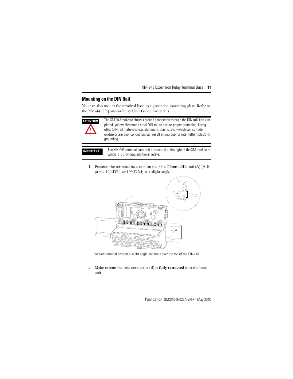 Mounting on the din rail | Rockwell Automation 1440-TB-D XM-943 Expansion Relay Terminal Base User Manual | Page 11 / 18