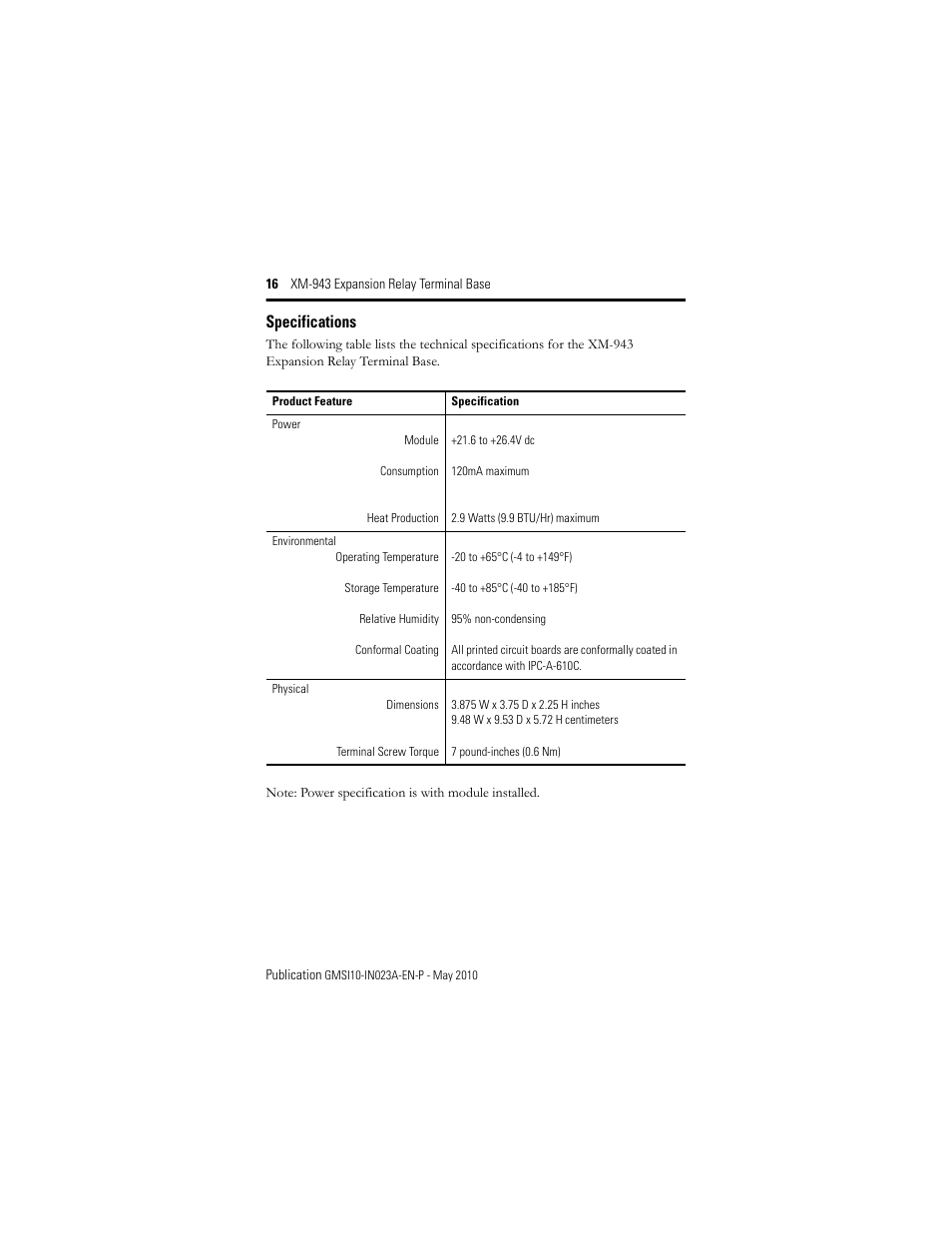 Specifications | Rockwell Automation 1440-TB-D XM-943 Expansion Relay Terminal Base User Manual | Page 16 / 18