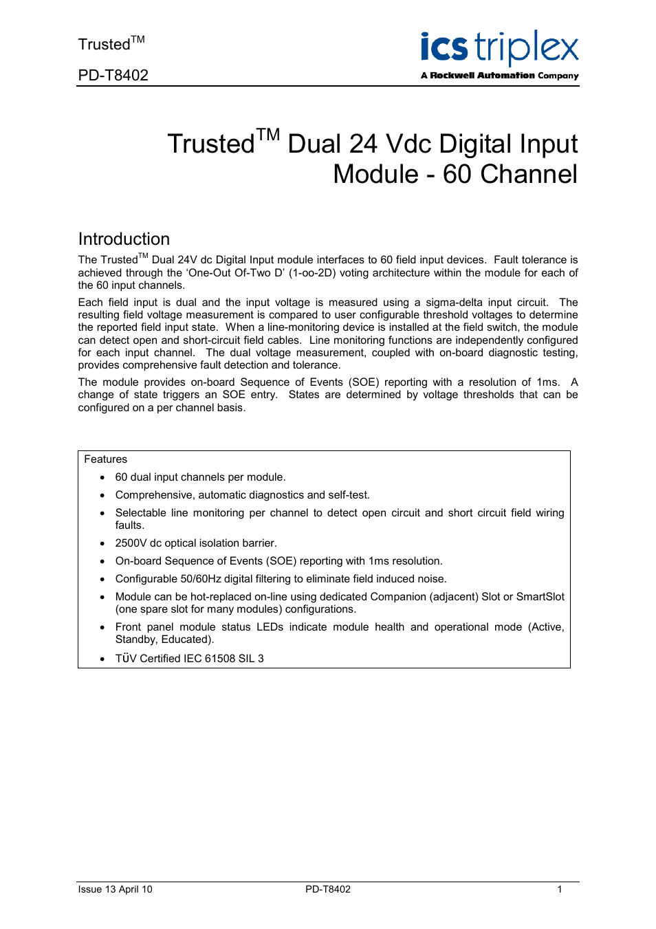 Rockwell Automation T8402 Trusted Dual 24V dc Digital Input Module - 60 Channel User Manual | 30 pages