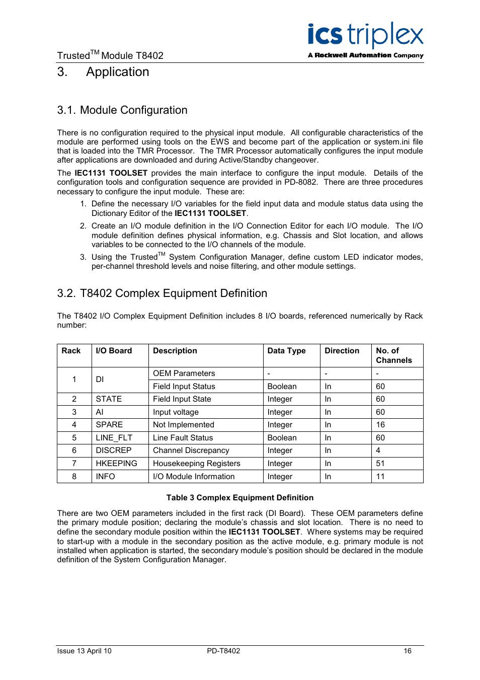 Application, Module configuration, T8402 complex equipment definition | Table 3 complex equipment definition, Trusted, Module t8402 | Rockwell Automation T8402 Trusted Dual 24V dc Digital Input Module - 60 Channel User Manual | Page 16 / 30
