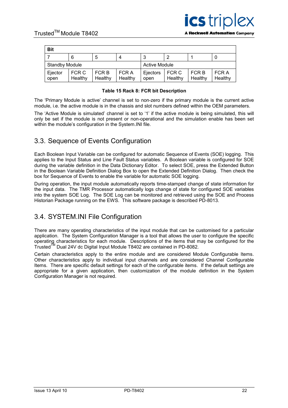 Sequence of events configuration, System.ini file configuration, Table 15 rack 8: fcr bit description | Trusted, Module t8402 | Rockwell Automation T8402 Trusted Dual 24V dc Digital Input Module - 60 Channel User Manual | Page 22 / 30