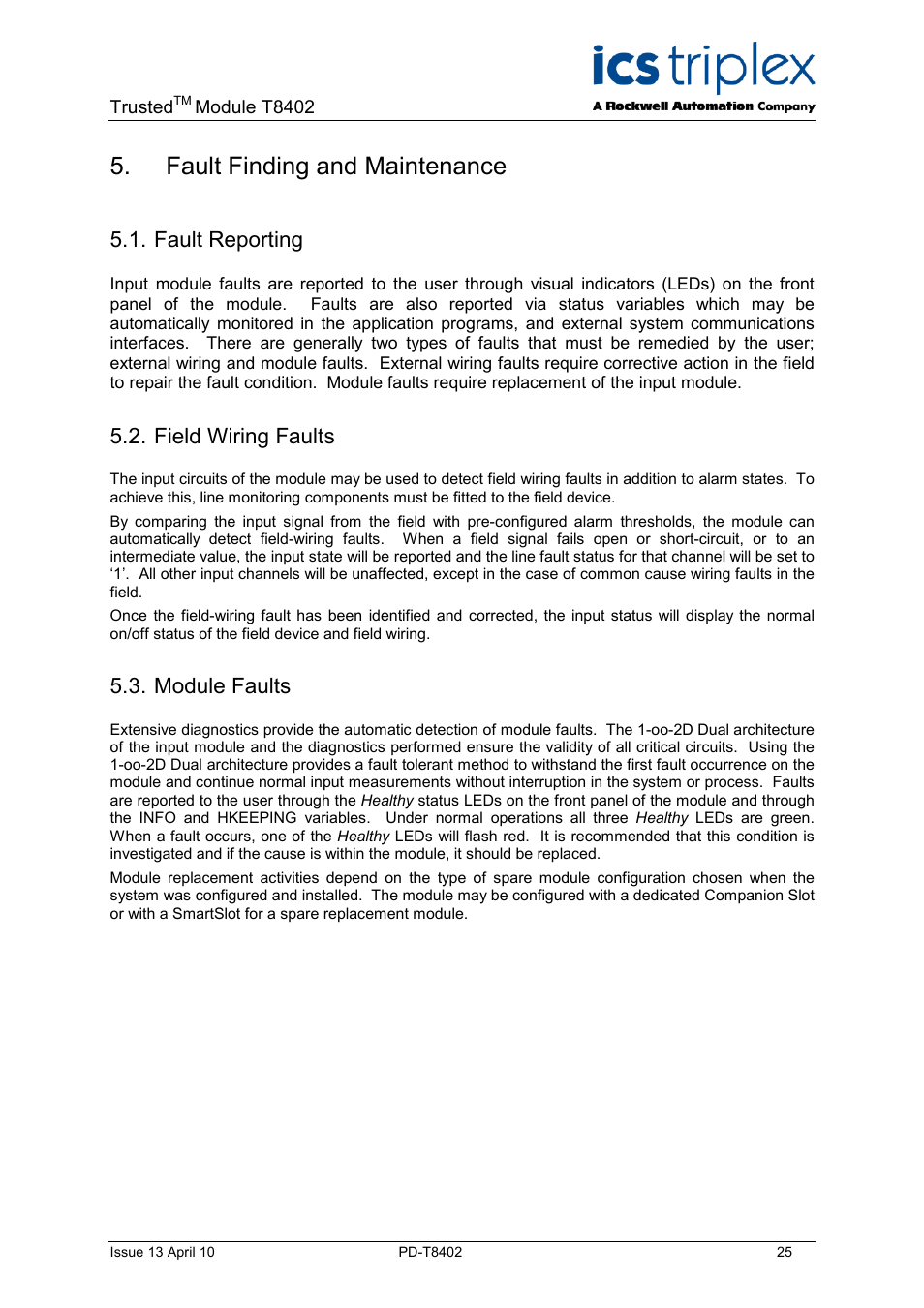 Fault finding and maintenance, Fault reporting, Field wiring faults | Module faults | Rockwell Automation T8402 Trusted Dual 24V dc Digital Input Module - 60 Channel User Manual | Page 25 / 30