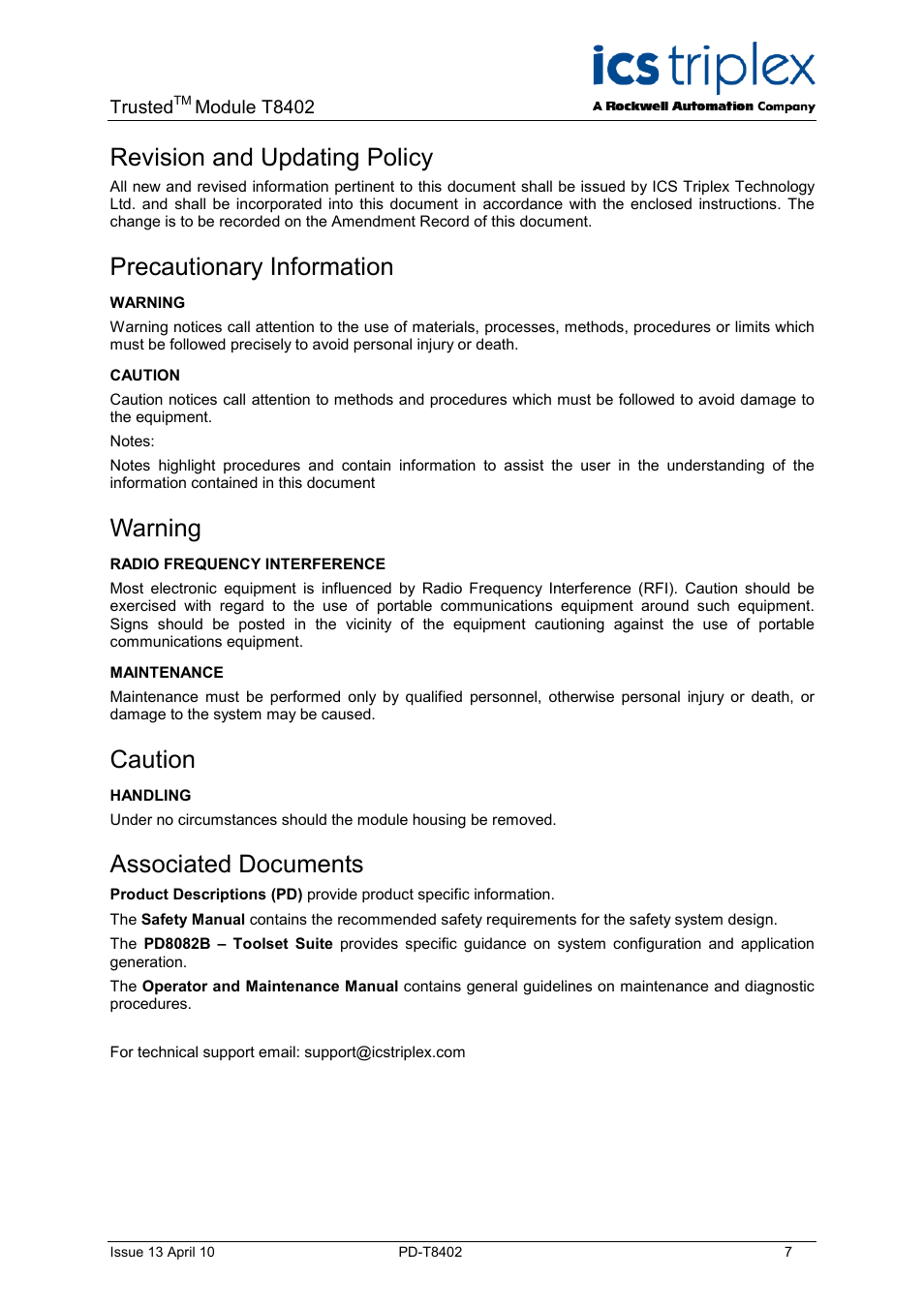 Revision and updating policy, Precautionary information, Warning | Caution, Associated documents | Rockwell Automation T8402 Trusted Dual 24V dc Digital Input Module - 60 Channel User Manual | Page 7 / 30