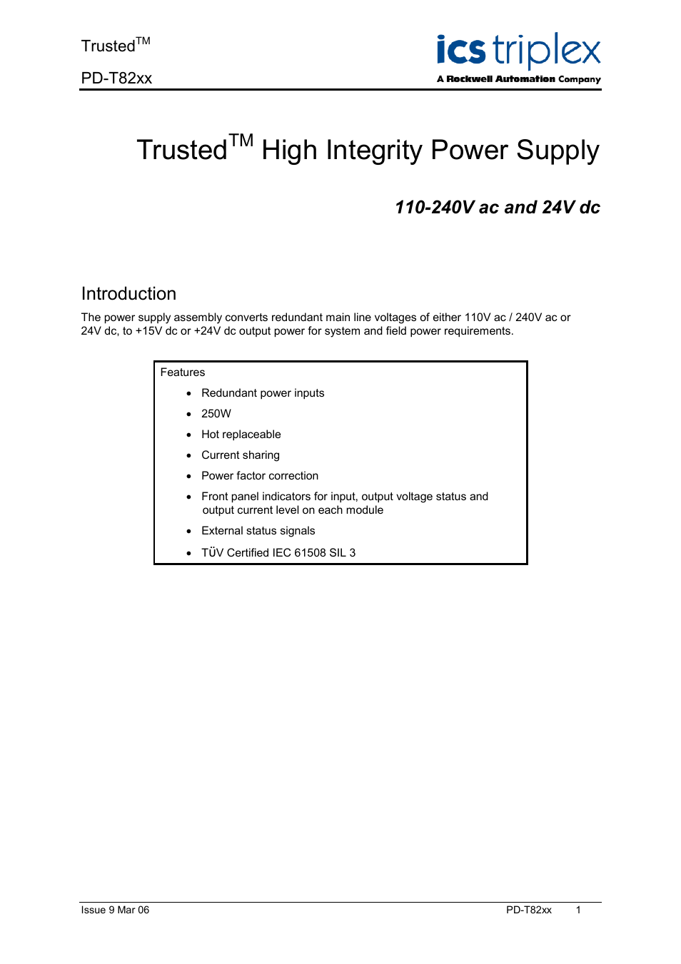 Rockwell Automation T82xx Trusted High Integrity Power Supply 110-240V ac and 24V dc User Manual | 18 pages