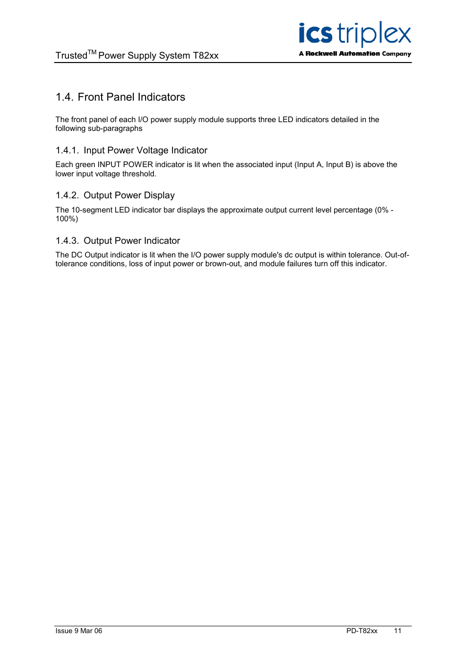 Front panel indicators, Input power voltage indicator, Output power display | Output power indicator | Rockwell Automation T82xx Trusted High Integrity Power Supply 110-240V ac and 24V dc User Manual | Page 11 / 18