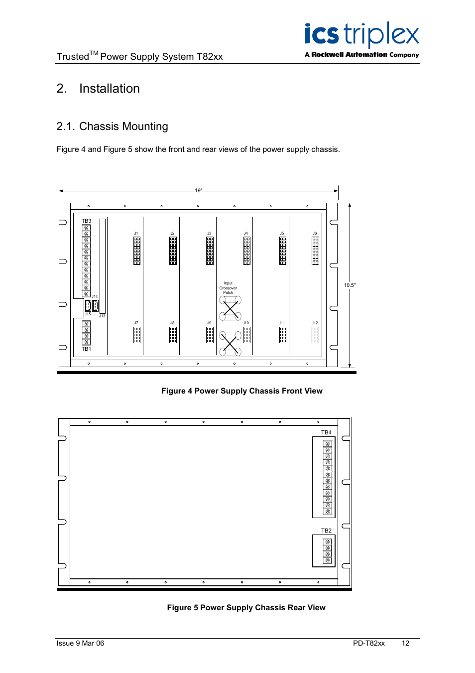 Installation, Chassis mounting, Figure 4 power supply chassis front view | Figure 5 power supply chassis rear view, Trusted, Power supply system t82xx | Rockwell Automation T82xx Trusted High Integrity Power Supply 110-240V ac and 24V dc User Manual | Page 12 / 18