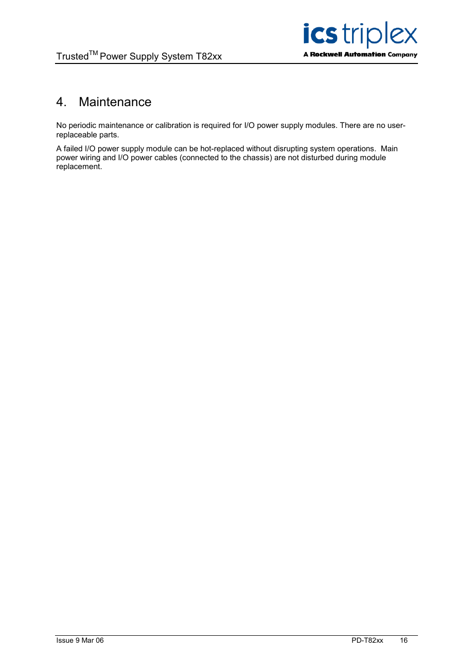 Maintenance | Rockwell Automation T82xx Trusted High Integrity Power Supply 110-240V ac and 24V dc User Manual | Page 16 / 18