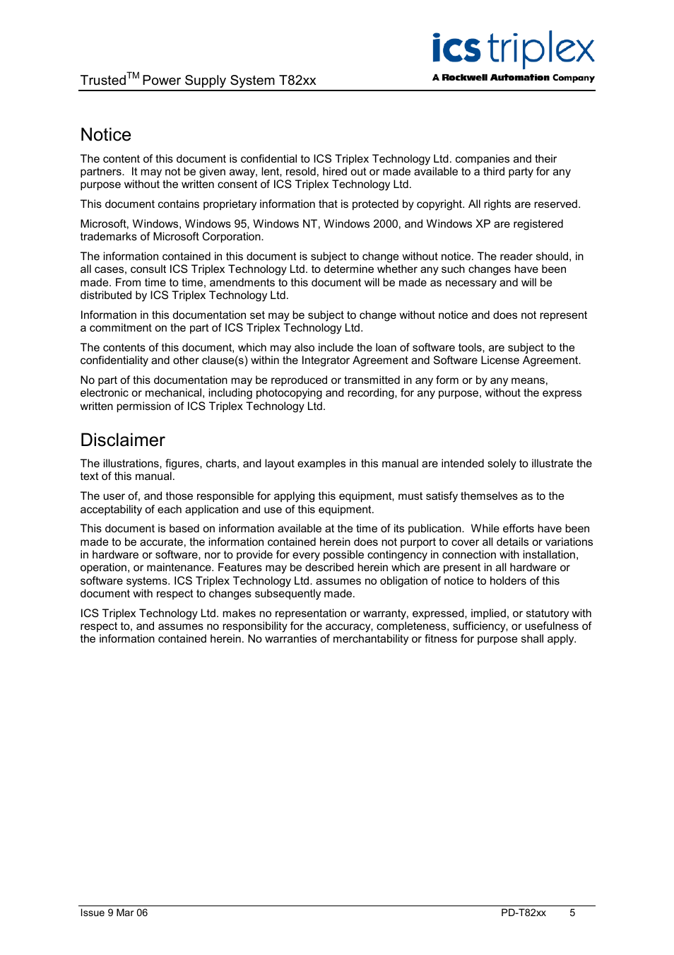 Notice, Disclaimer | Rockwell Automation T82xx Trusted High Integrity Power Supply 110-240V ac and 24V dc User Manual | Page 5 / 18