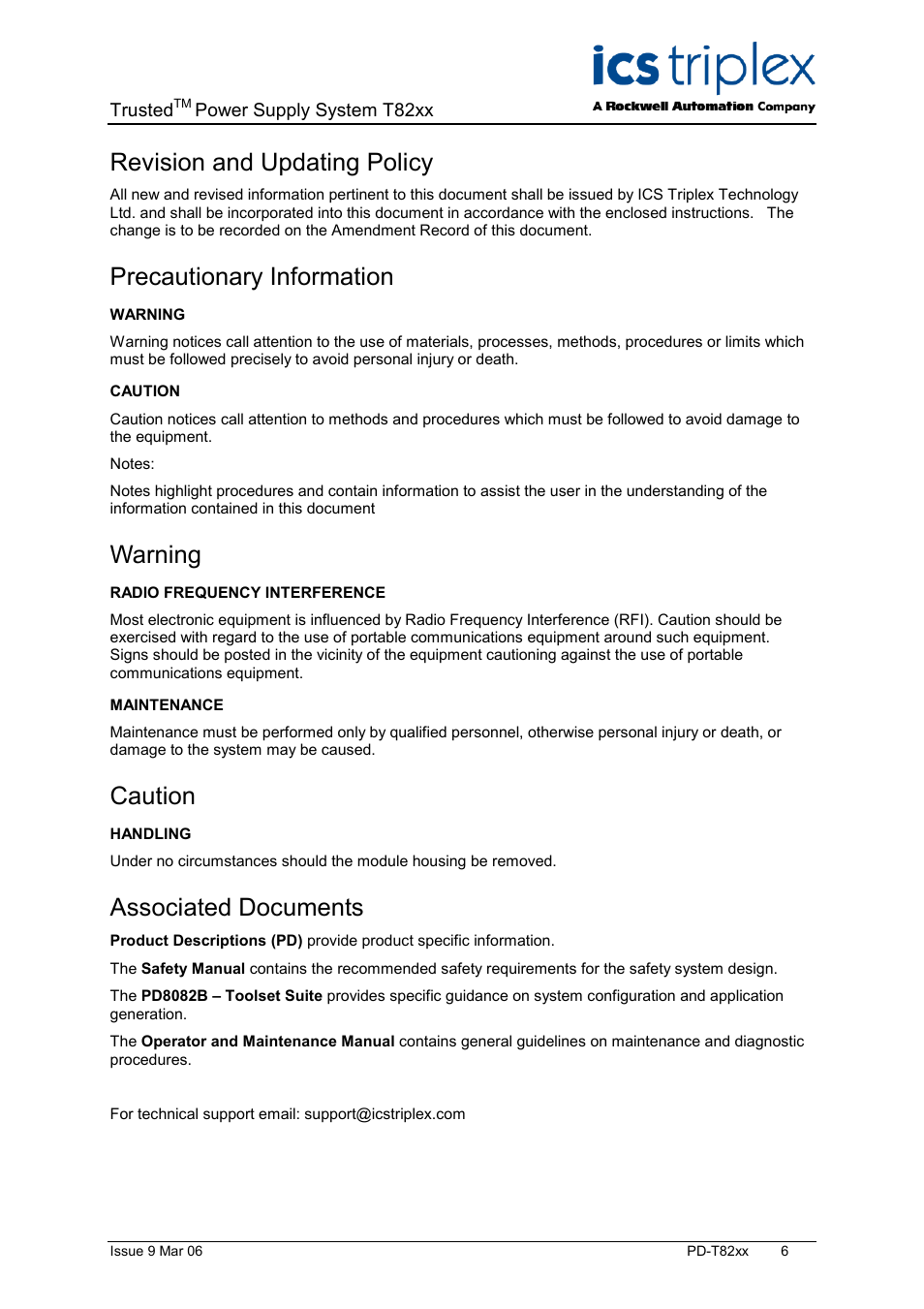 Revision and updating policy, Precautionary information, Warning | Caution, Associated documents | Rockwell Automation T82xx Trusted High Integrity Power Supply 110-240V ac and 24V dc User Manual | Page 6 / 18