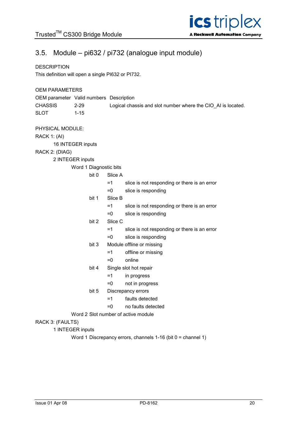 Module – pi632 / pi732 (analogue input module), Trusted, Cs300 bridge module | Rockwell Automation CS300 Trusted CS300 Bridge Module User Manual | Page 20 / 34