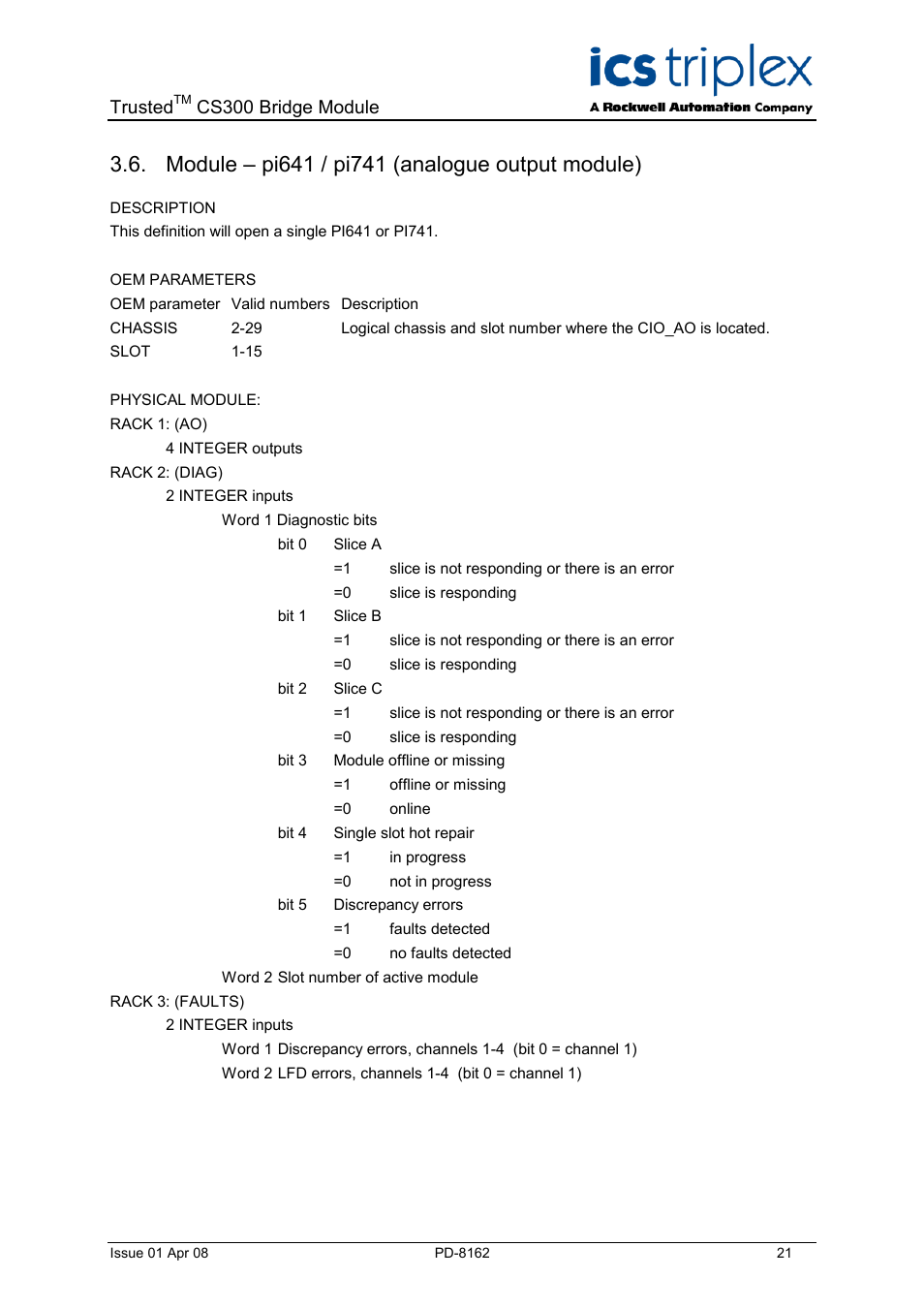 Module – pi641 / pi741 (analogue output module), Trusted, Cs300 bridge module | Rockwell Automation CS300 Trusted CS300 Bridge Module User Manual | Page 21 / 34
