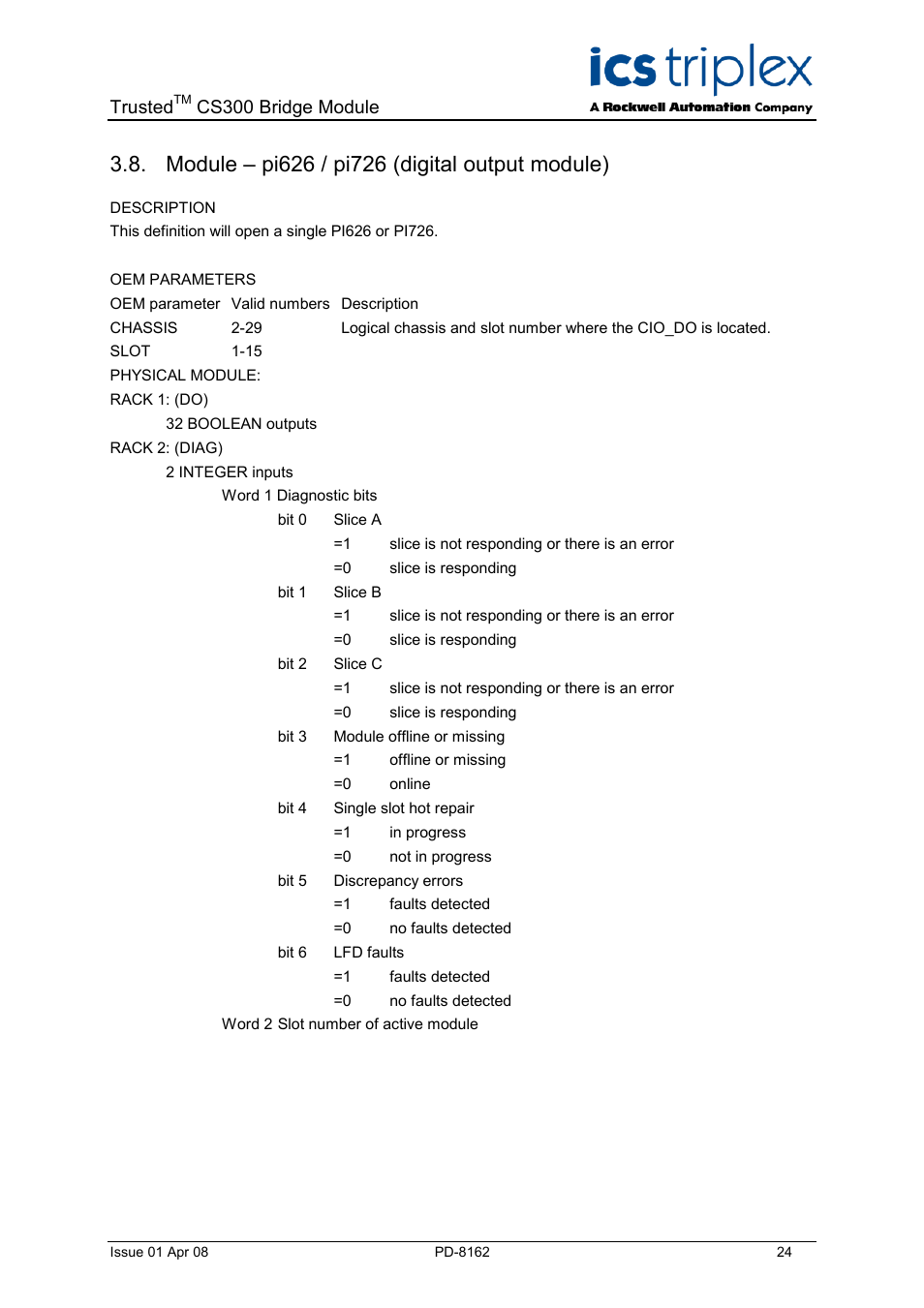 Module – pi626 / pi726 (digital output module), Trusted, Cs300 bridge module | Rockwell Automation CS300 Trusted CS300 Bridge Module User Manual | Page 24 / 34