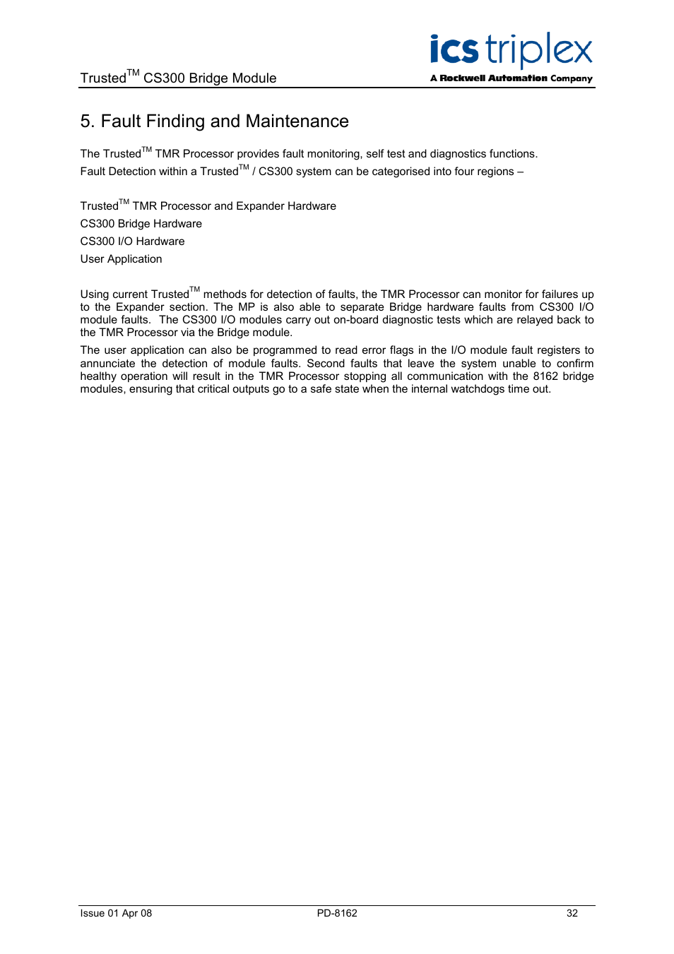 Fault finding and maintenance, Trusted, Cs300 bridge module | Rockwell Automation CS300 Trusted CS300 Bridge Module User Manual | Page 32 / 34