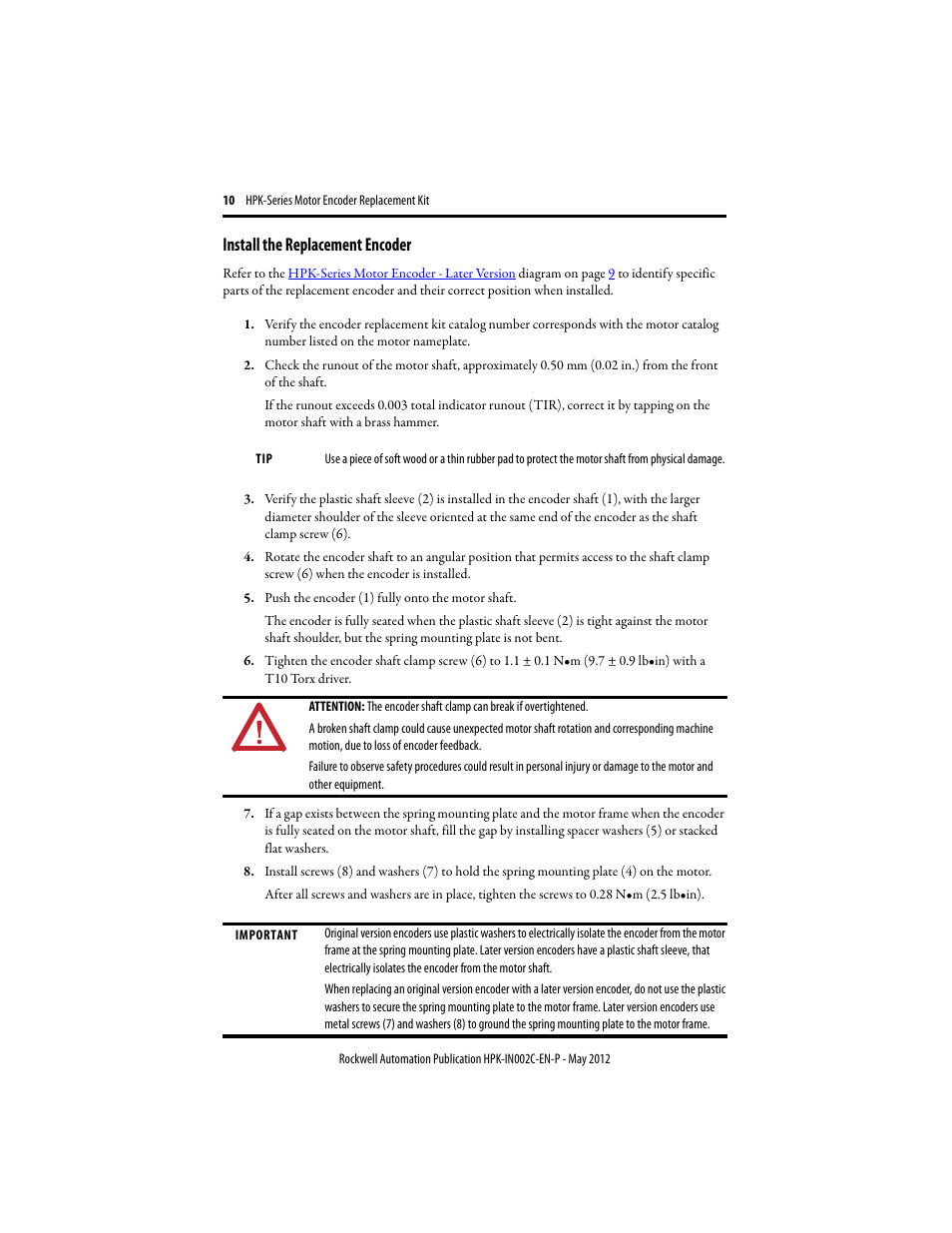 Install the replacement encoder | Rockwell Automation HPK-Series Motor Encoder Replacement Installation Instructions User Manual | Page 10 / 12