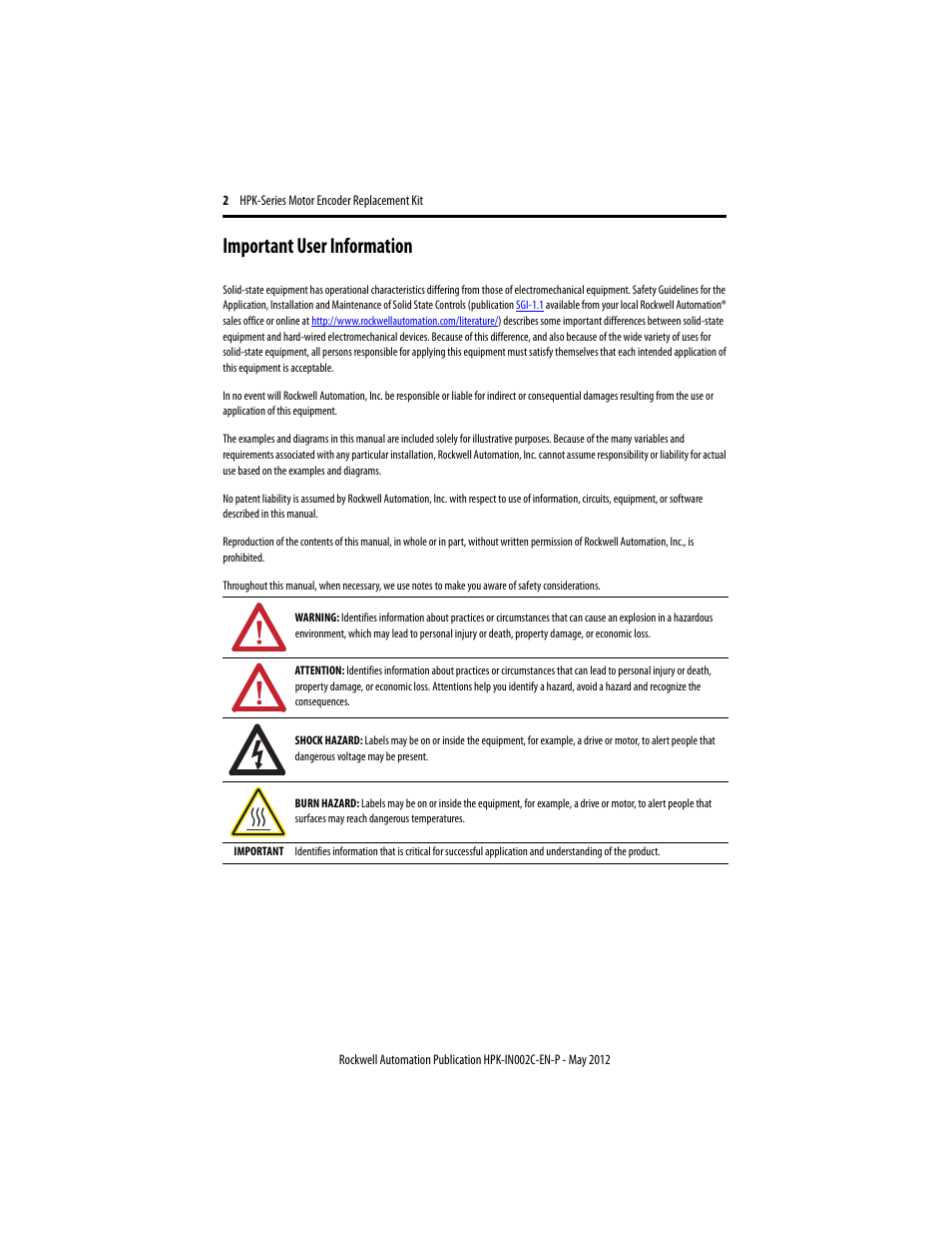 Important user information | Rockwell Automation HPK-Series Motor Encoder Replacement Installation Instructions User Manual | Page 2 / 12