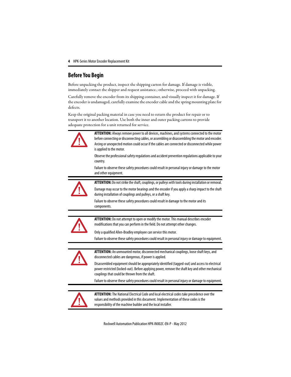 Before you begin | Rockwell Automation HPK-Series Motor Encoder Replacement Installation Instructions User Manual | Page 4 / 12