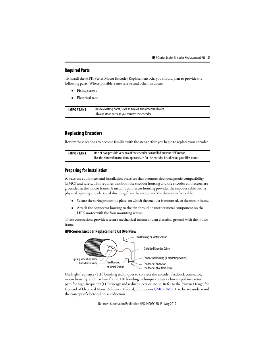 Required parts, Replacing encoders, Preparing for installation | Rockwell Automation HPK-Series Motor Encoder Replacement Installation Instructions User Manual | Page 5 / 12