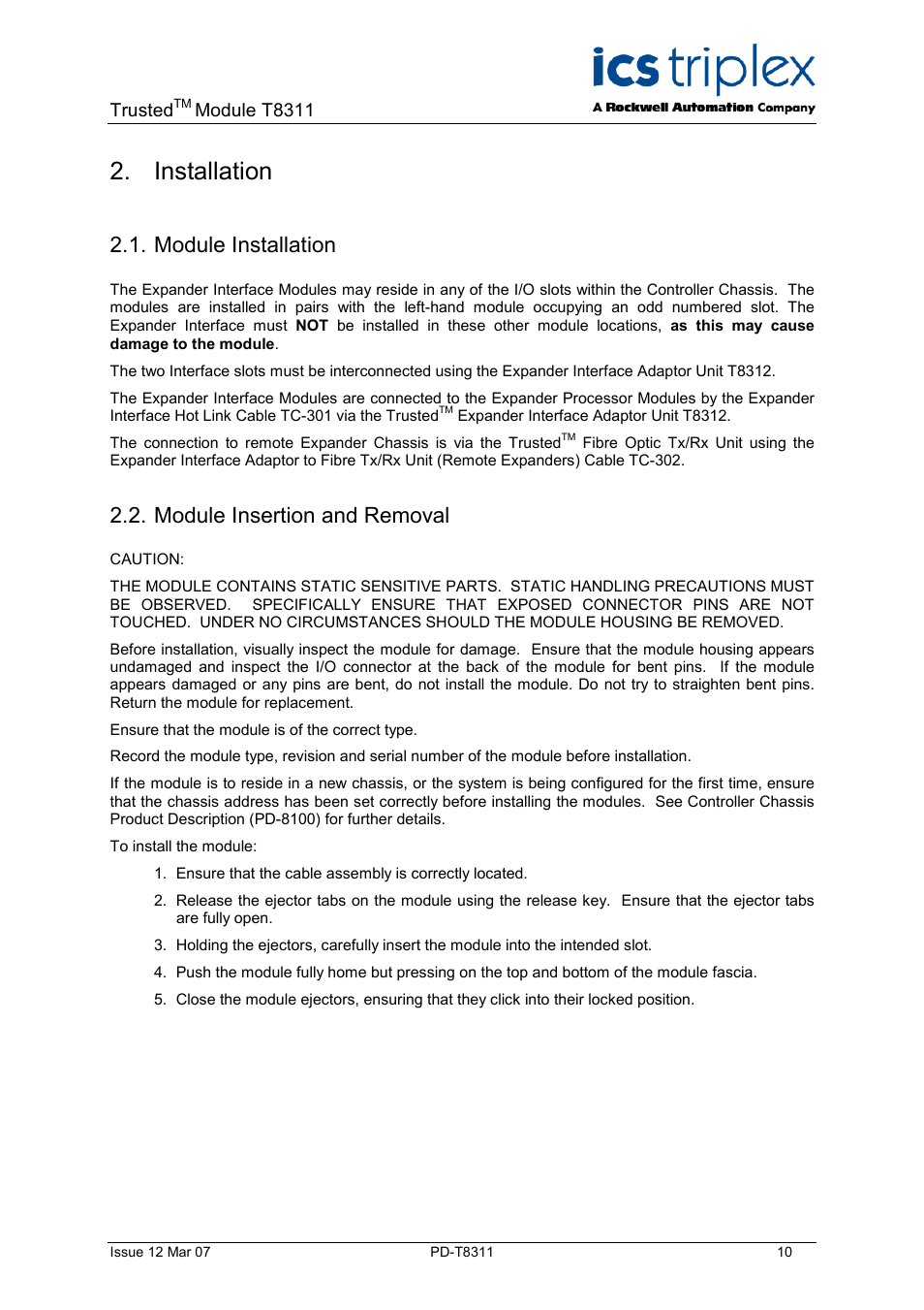 Installation, Module installation, Module insertion and removal | Trusted, Module t8311 | Rockwell Automation T8311 Trusted Expander Interface User Manual | Page 10 / 28