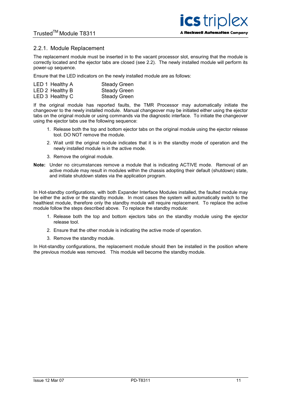 Module replacement | Rockwell Automation T8311 Trusted Expander Interface User Manual | Page 11 / 28