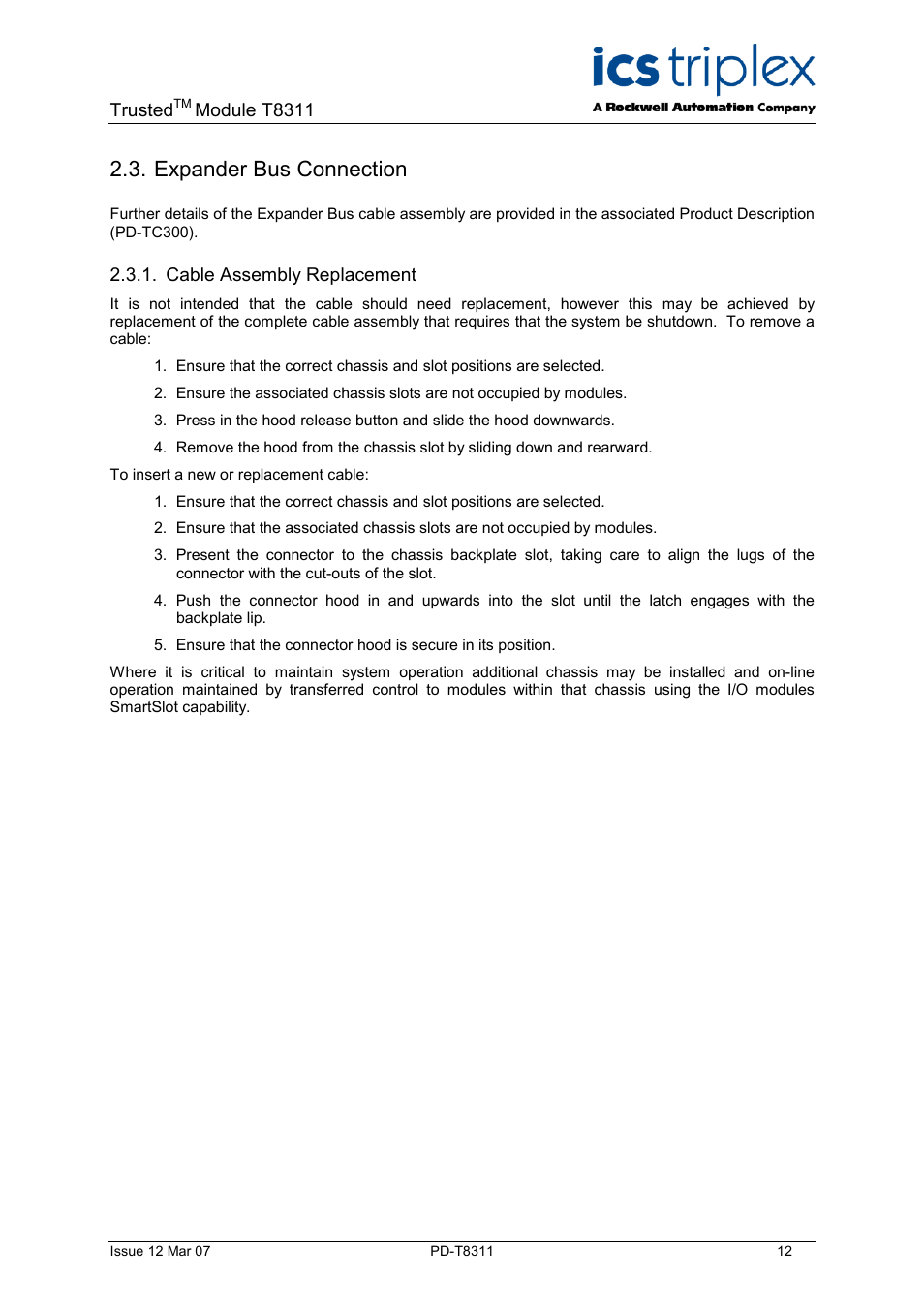 Expander bus connection, Cable assembly replacement, Trusted | Module t8311 | Rockwell Automation T8311 Trusted Expander Interface User Manual | Page 12 / 28