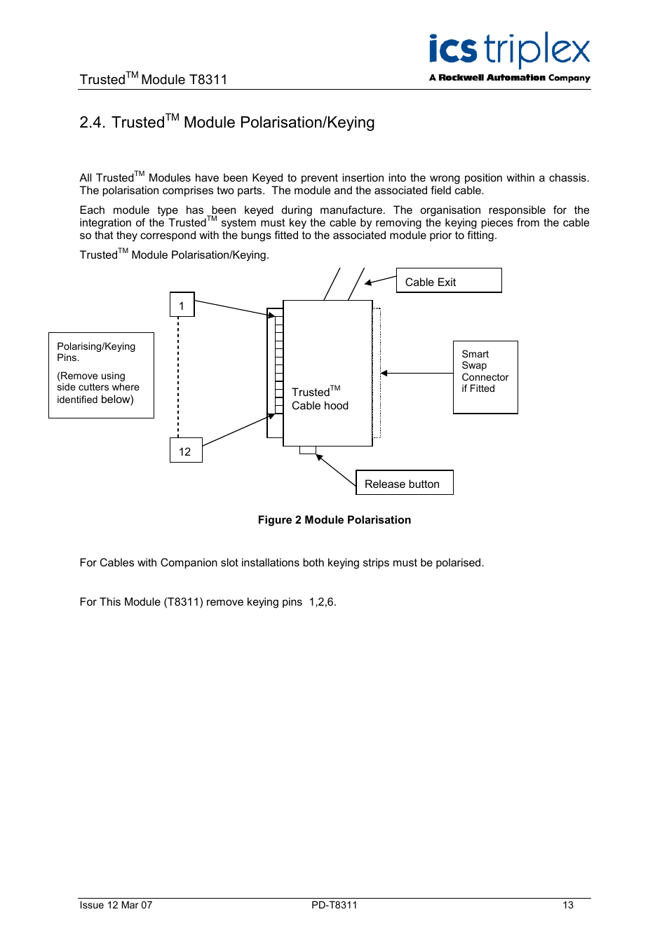 Trustedtm module polarisation/keying, Trusted, Module polarisation/keying | Figure 2 module polarisation, Module t8311 | Rockwell Automation T8311 Trusted Expander Interface User Manual | Page 13 / 28