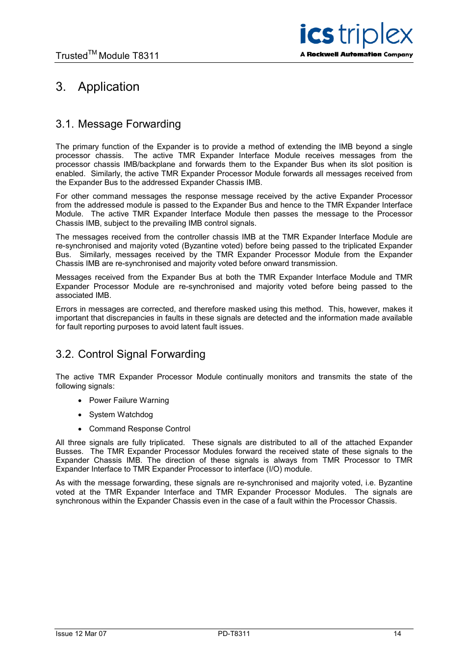Application, Message forwarding, Control signal forwarding | Rockwell Automation T8311 Trusted Expander Interface User Manual | Page 14 / 28