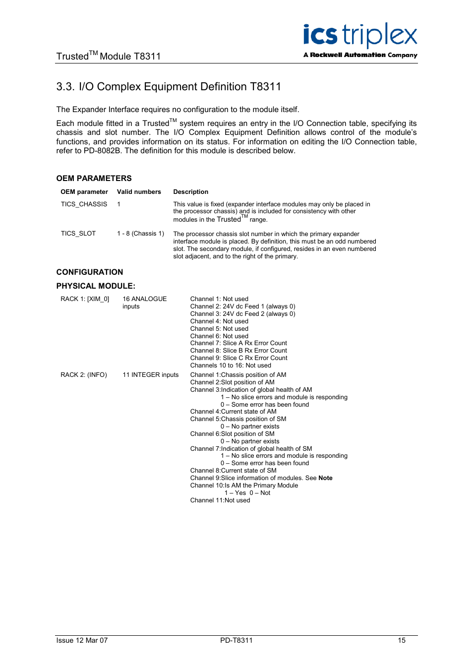 I/o complex equipment definition t8311, Trusted, Module t8311 | Rockwell Automation T8311 Trusted Expander Interface User Manual | Page 15 / 28