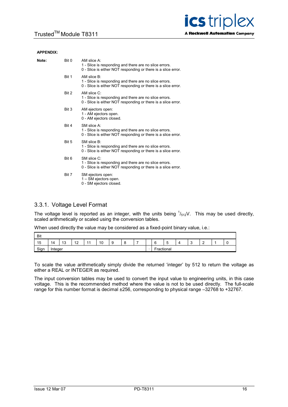 Voltage level format, Trusted, Module t8311 | Rockwell Automation T8311 Trusted Expander Interface User Manual | Page 16 / 28