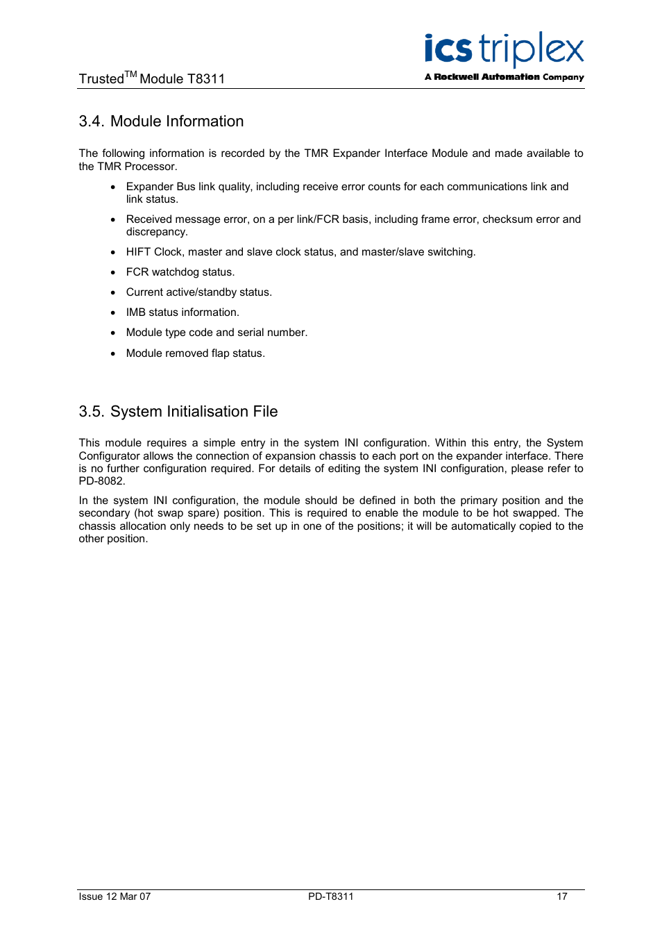 Module information, System initialisation file | Rockwell Automation T8311 Trusted Expander Interface User Manual | Page 17 / 28