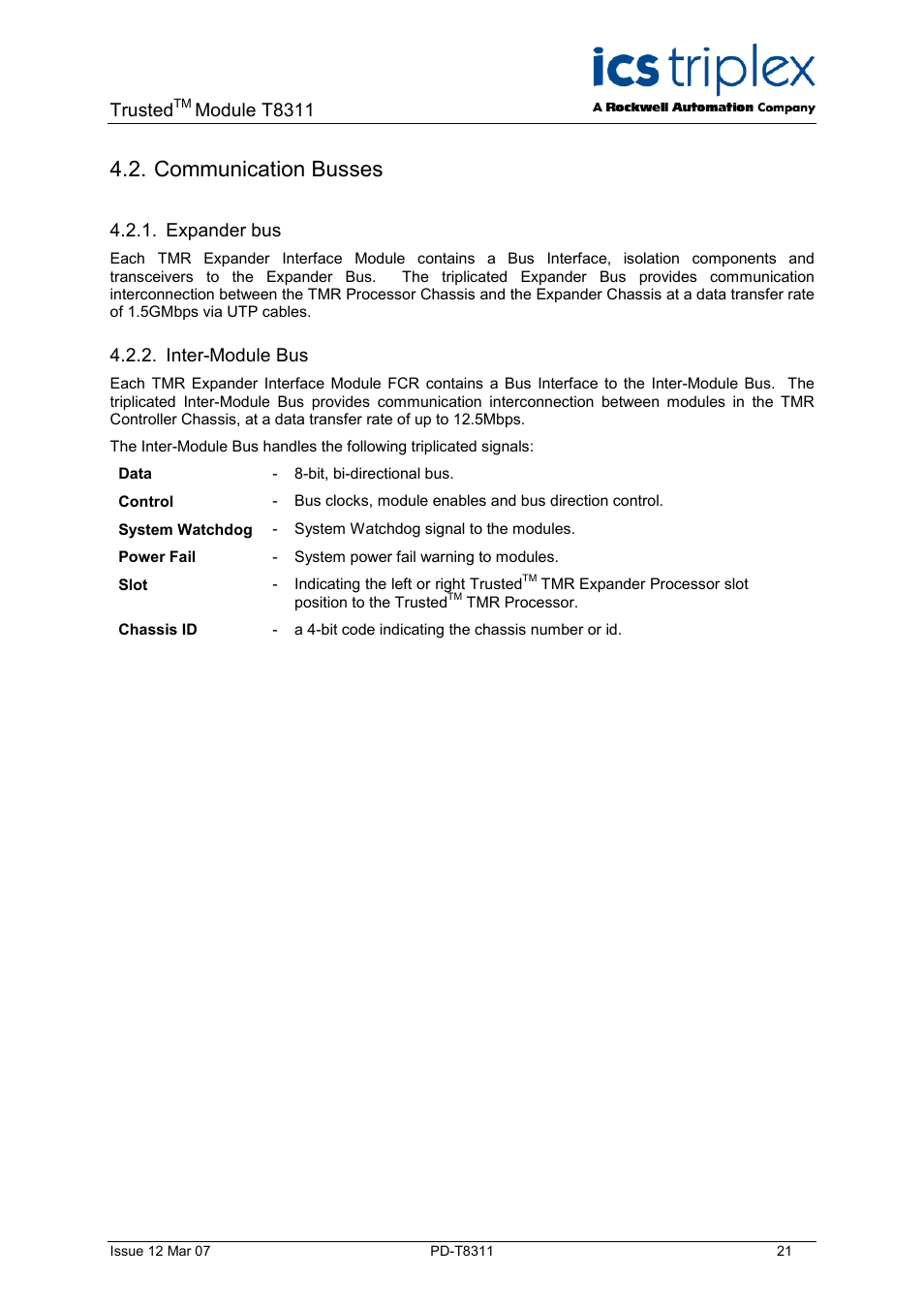 Communication busses, Expander bus, Inter-module bus | Trusted, Module t8311 | Rockwell Automation T8311 Trusted Expander Interface User Manual | Page 21 / 28