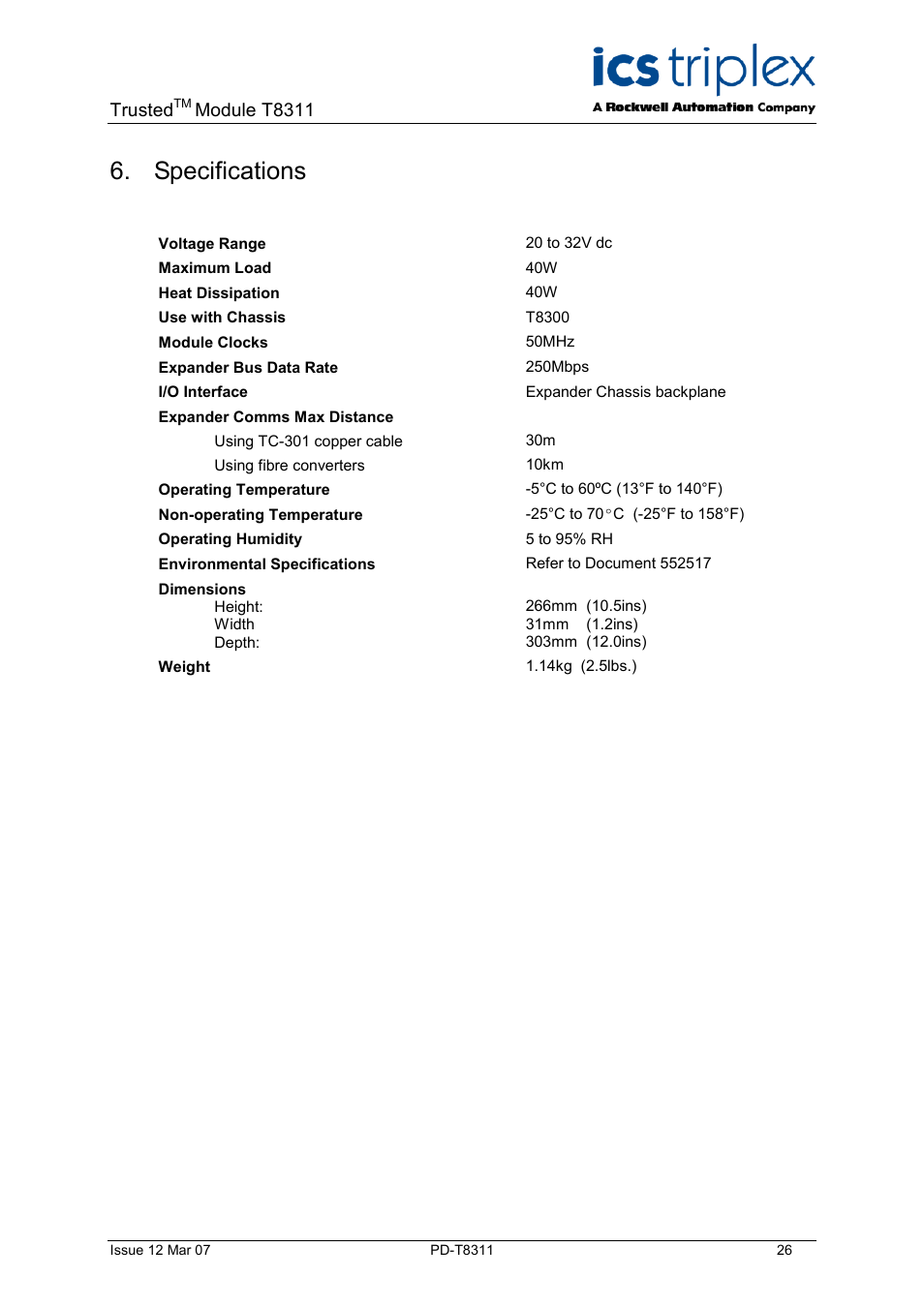 Specifications, Trusted, Module t8311 | Rockwell Automation T8311 Trusted Expander Interface User Manual | Page 26 / 28