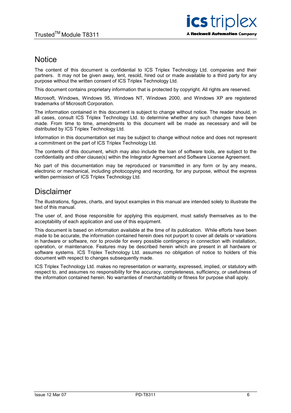 Notice, Disclaimer | Rockwell Automation T8311 Trusted Expander Interface User Manual | Page 6 / 28