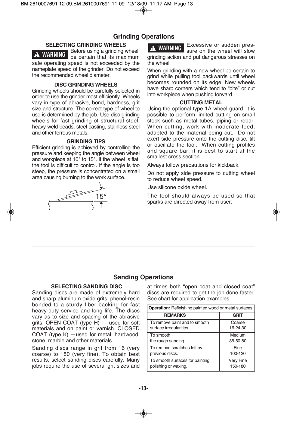 Warning grinding operations, Warning sanding operations | Bosch 1380 SLIM User Manual | Page 13 / 48