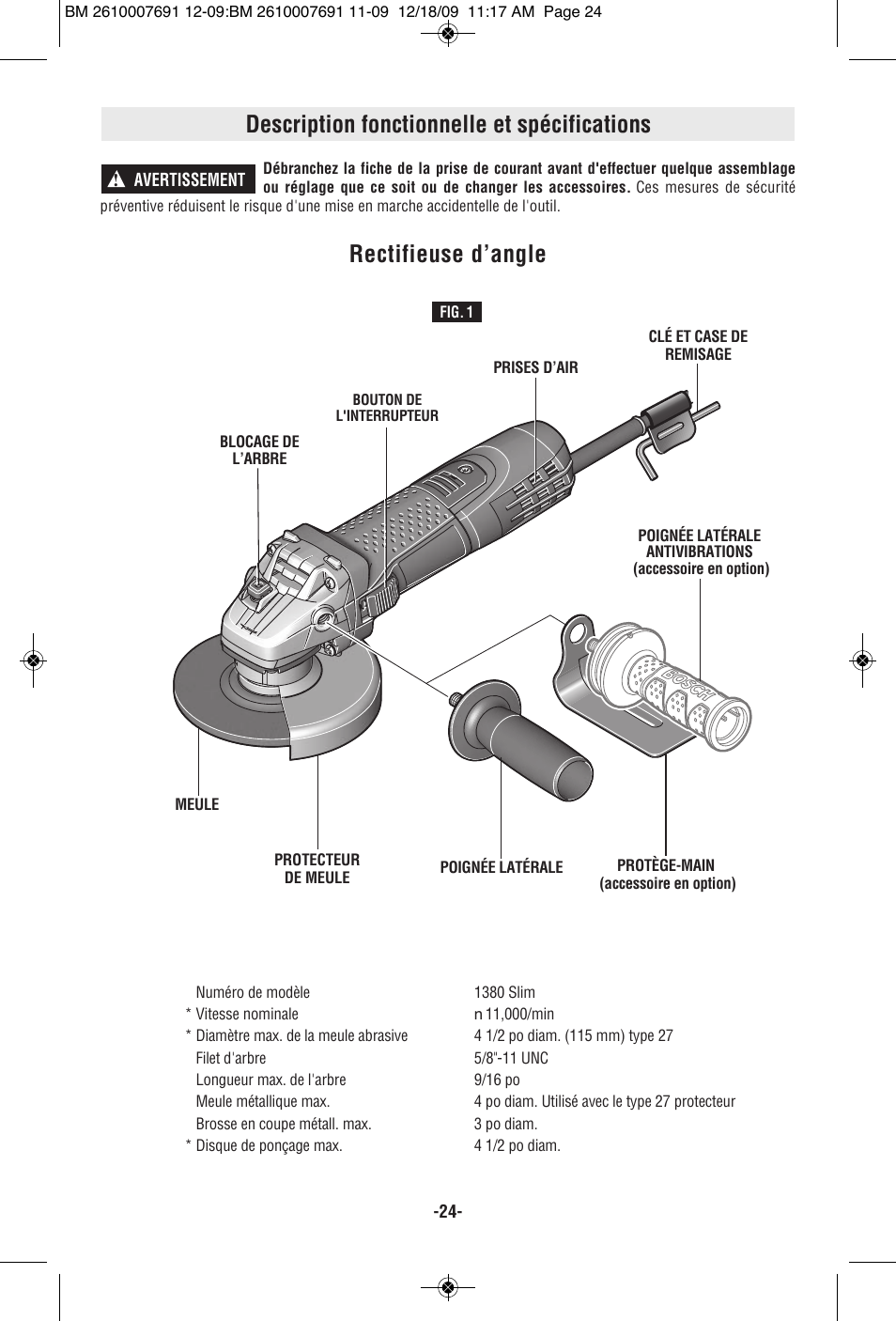 Description fonctionnelle et spécifications, Rectifieuse d’angle | Bosch 1380 SLIM User Manual | Page 24 / 48