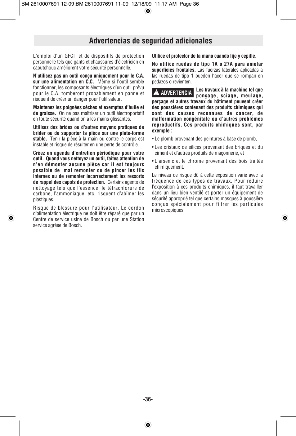 Advertencias de seguridad adicionales | Bosch 1380 SLIM User Manual | Page 36 / 48