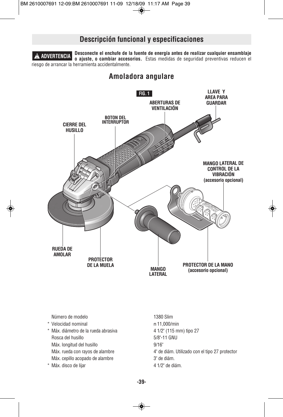 Descripción funcional y especificaciones, Amoladora angulare | Bosch 1380 SLIM User Manual | Page 39 / 48