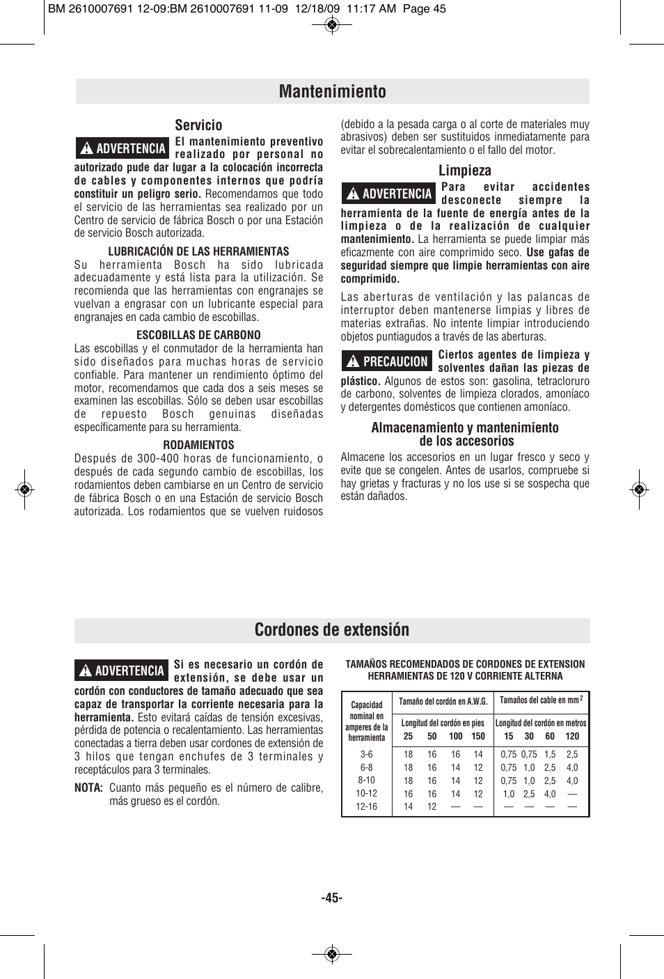 Mantenimiento, Cordones de extensión, Servicio | Limpieza, Almacenamiento y mantenimiento de los accesorios | Bosch 1380 SLIM User Manual | Page 45 / 48