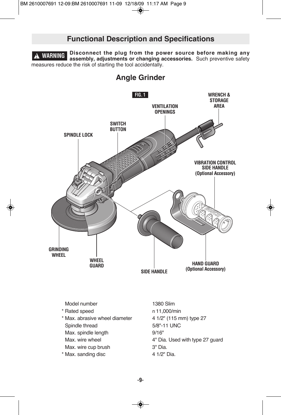 Functional description and specifications, Angle grinder | Bosch 1380 SLIM User Manual | Page 9 / 48