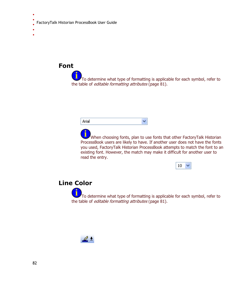 Font, Line color | Rockwell Automation FactoryTalk Historian SE ProcessBook 3.2 User Guide User Manual | Page 100 / 378