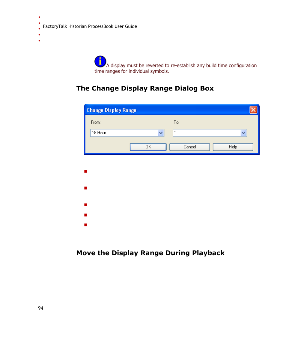 The change display range dialog box, Move the display range during playback, E 94) | Rockwell Automation FactoryTalk Historian SE ProcessBook 3.2 User Guide User Manual | Page 112 / 378