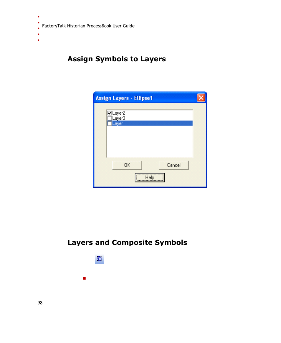 Assign symbols to layers, Layers and composite symbols | Rockwell Automation FactoryTalk Historian SE ProcessBook 3.2 User Guide User Manual | Page 116 / 378