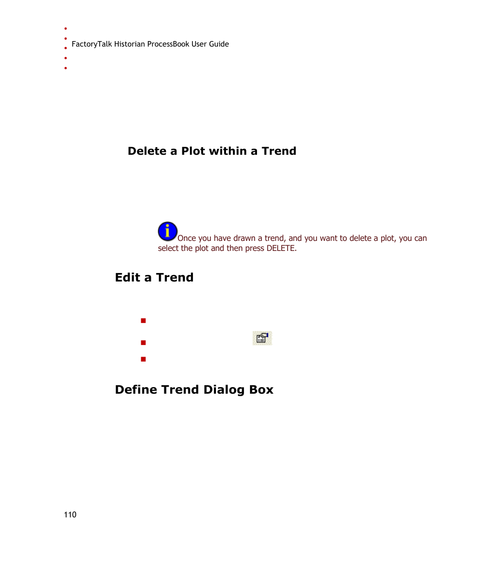 Delete a plot within a trend, Edit a trend, Define trend dialog box | Rockwell Automation FactoryTalk Historian SE ProcessBook 3.2 User Guide User Manual | Page 128 / 378