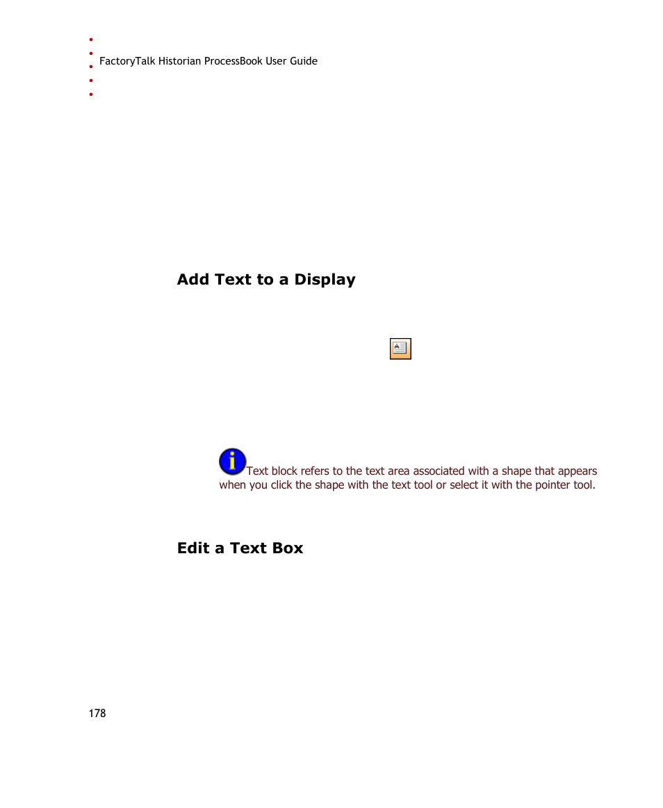 Add text to a display, Edit a text box | Rockwell Automation FactoryTalk Historian SE ProcessBook 3.2 User Guide User Manual | Page 196 / 378
